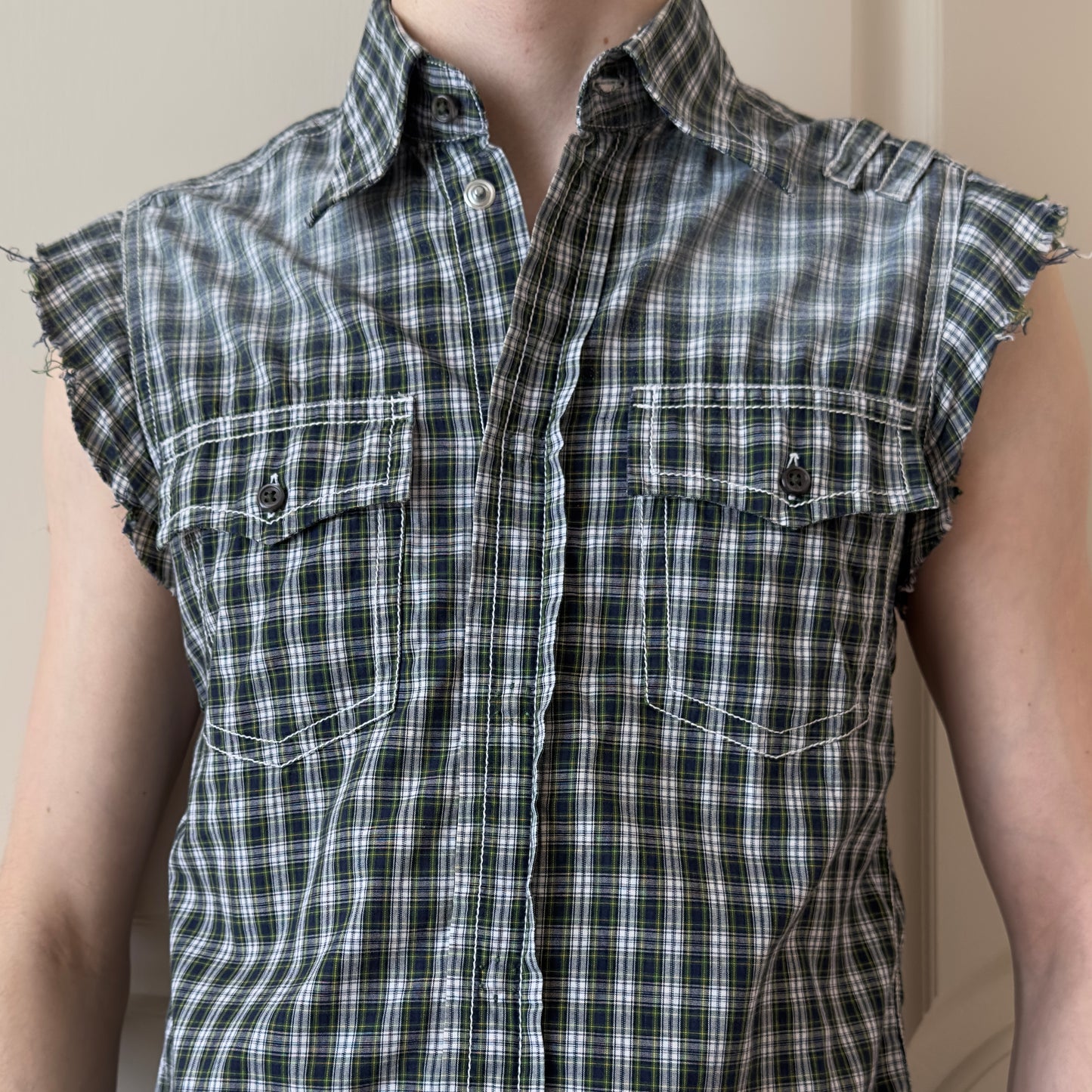 Dsquared2 S/S 2003 “Mud Flingin” Distressed Sleeveless Button-Up Shirt