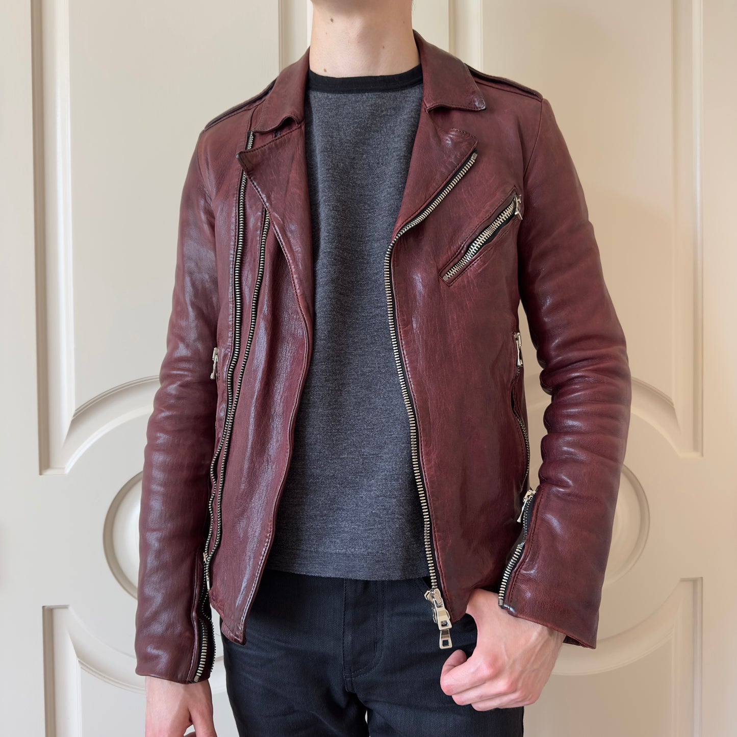 Balmain F/W 2013 Oxblood Lambskin Leather Biker Jacket