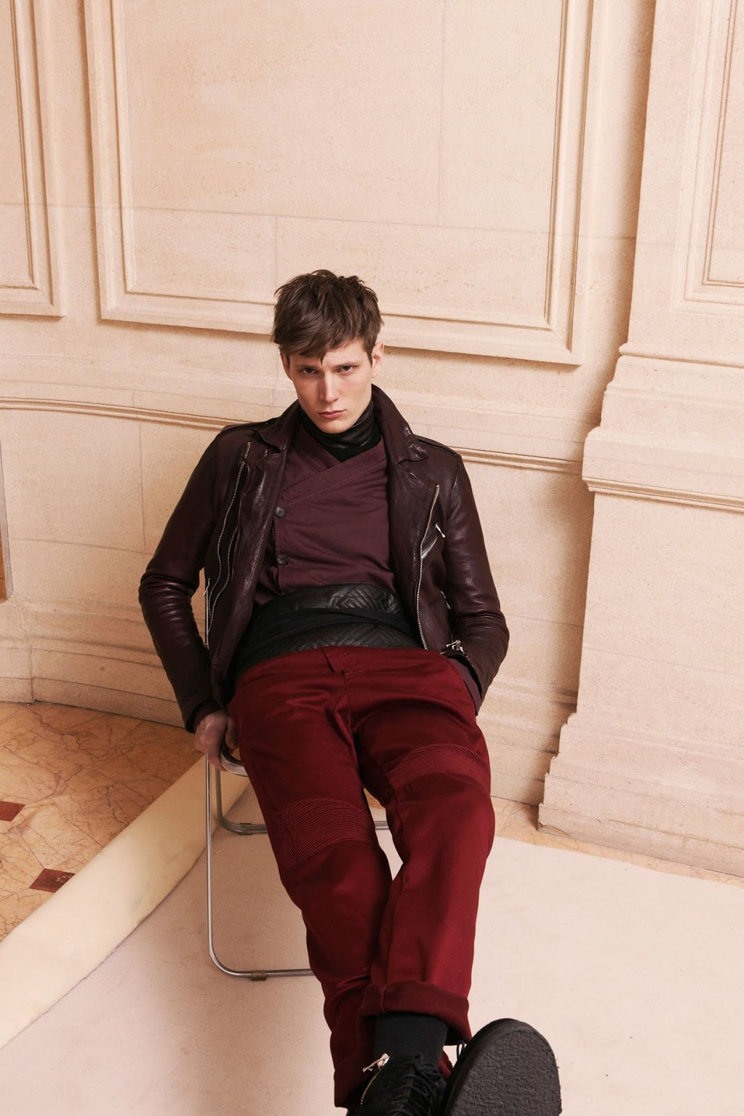 Balmain F/W 2013 Oxblood Lambskin Leather Biker Jacket