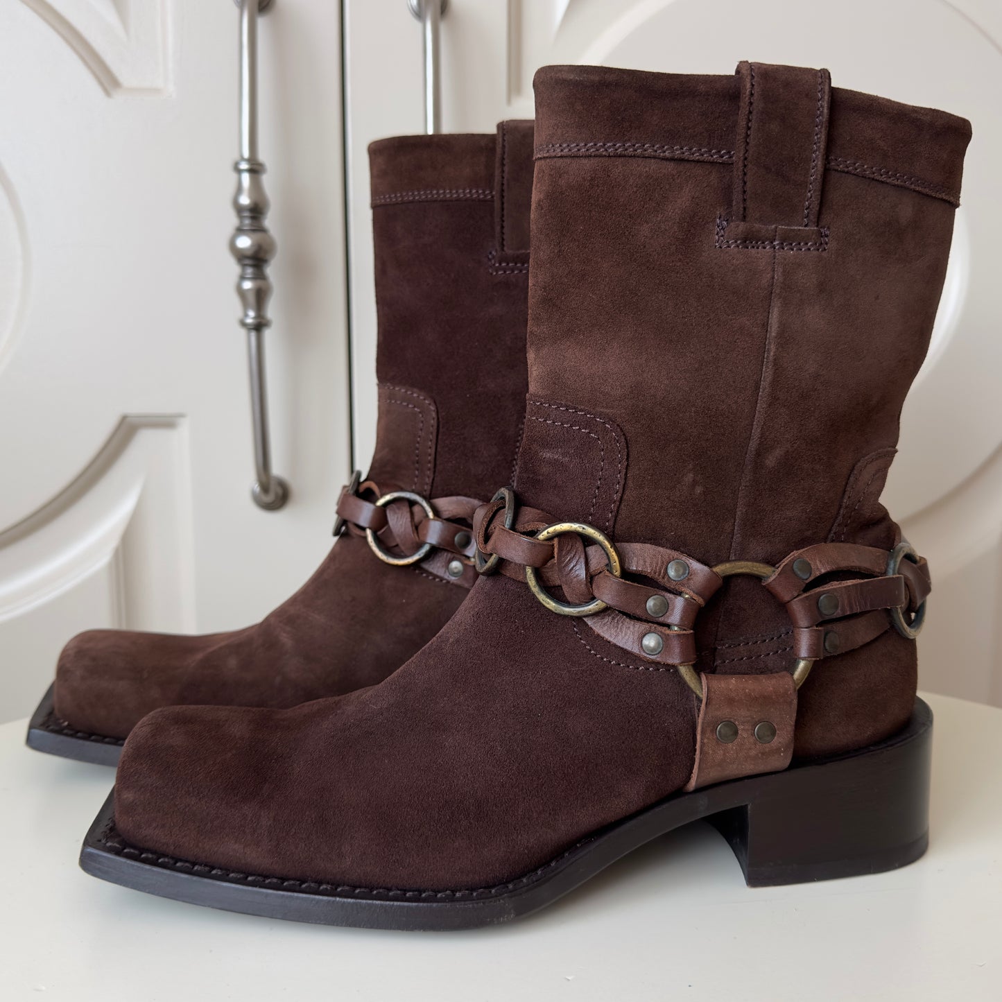 Dsquared2 S/S 2003 Suede Square Toe Harness Boots