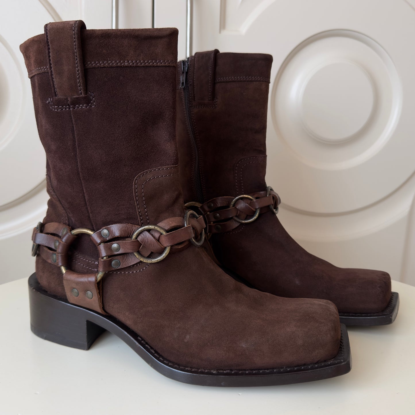 Dsquared2 S/S 2003 Suede Square Toe Harness Boots