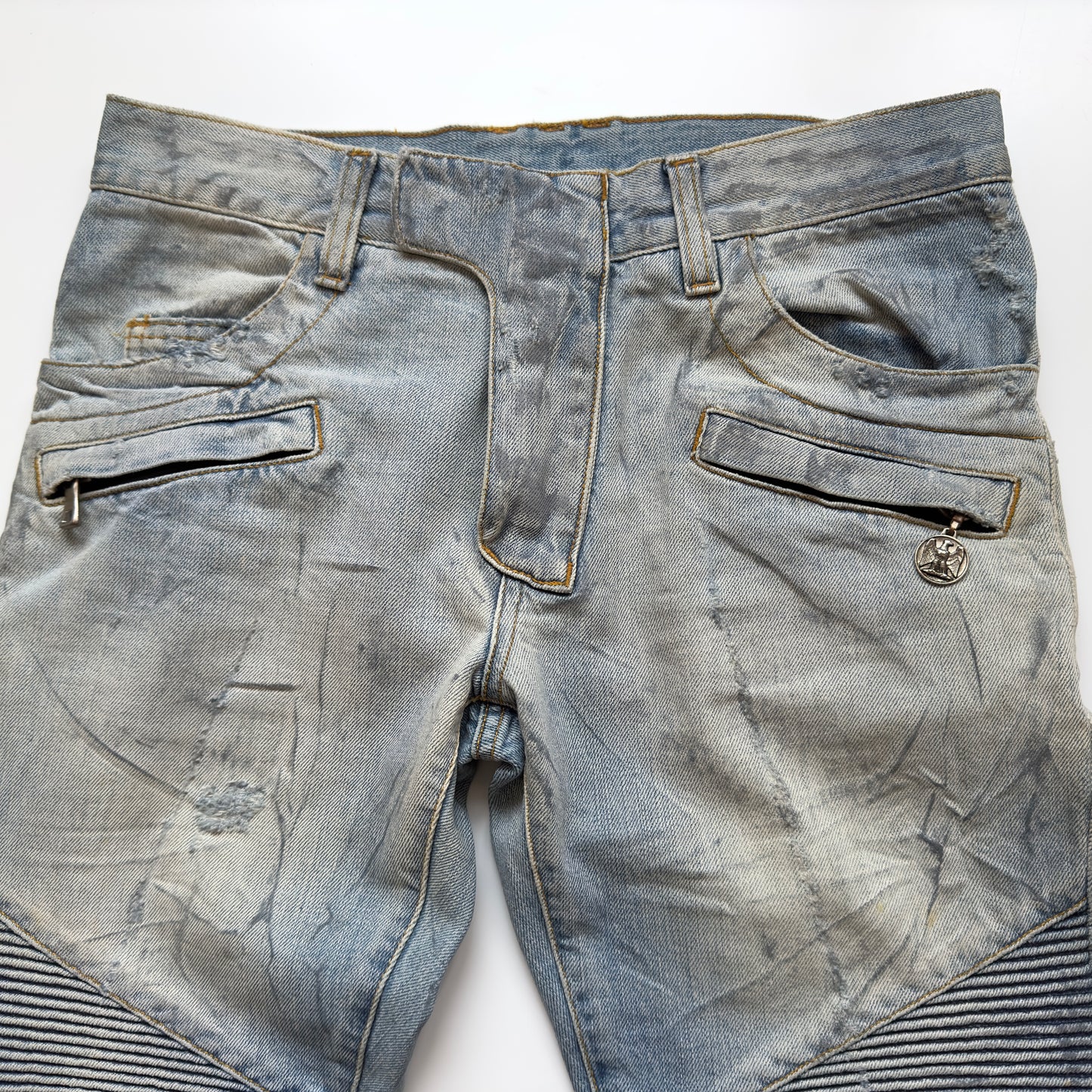 Balmain S/S 2011 Decarnin Light Wash Distressed Biker Jeans