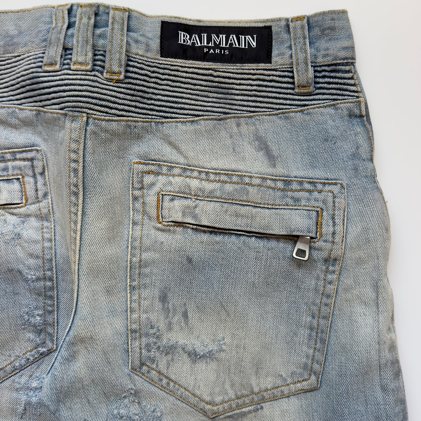 Balmain S/S 2011 Decarnin Light Wash Distressed Biker Jeans