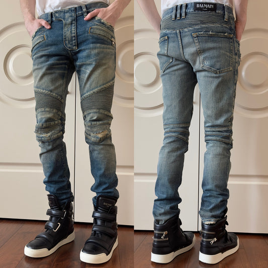 Balmain Mud Wash Distressed Biker Jeans