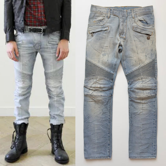 Balmain S/S 2011 Decarnin Light Wash Distressed Biker Jeans