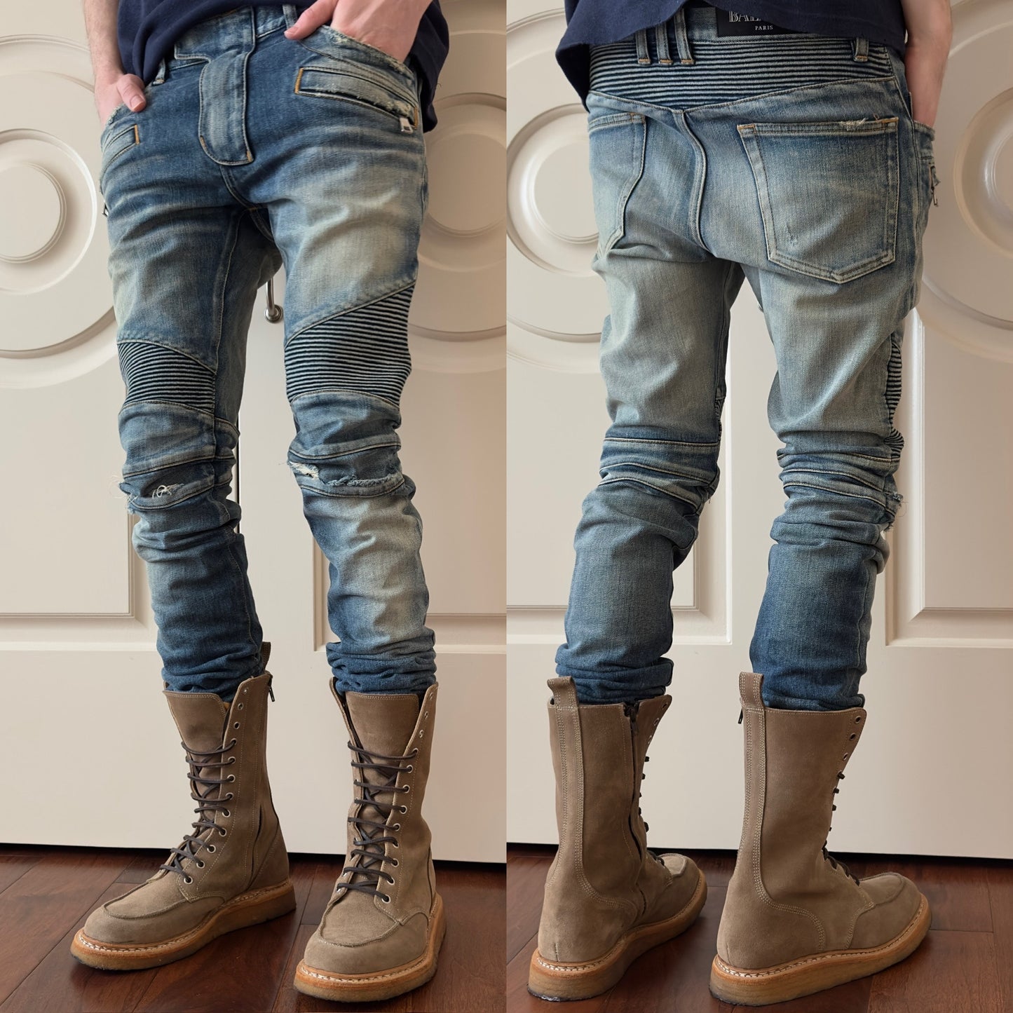 Balmain Mud Wash Distressed Biker Jeans