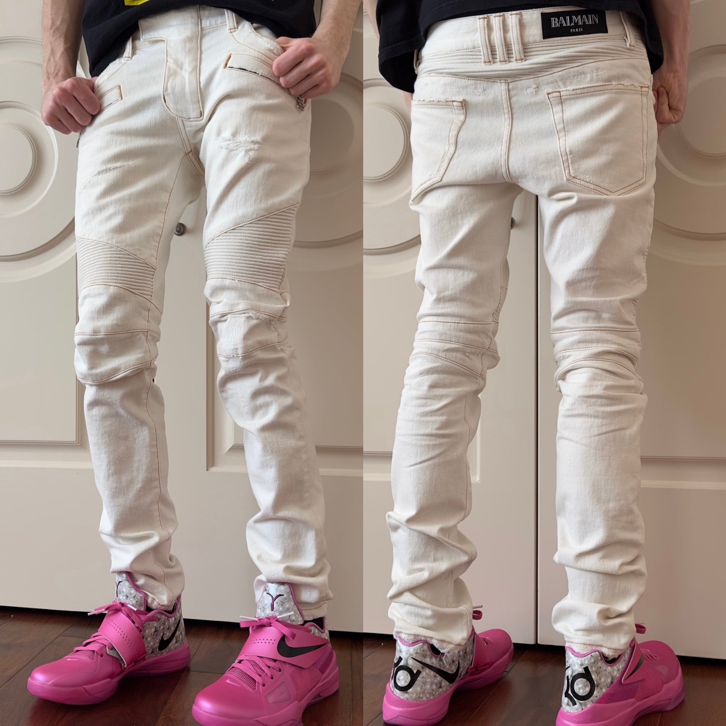 Balmain White Distressed Denim Biker Jeans