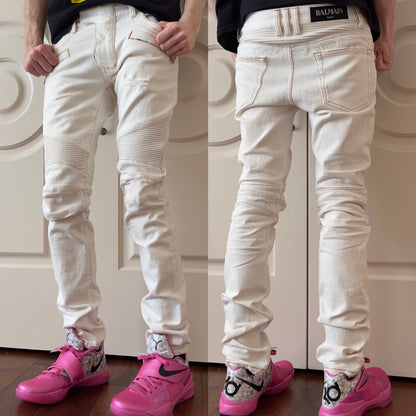 Balmain White Distressed Denim Biker Jeans