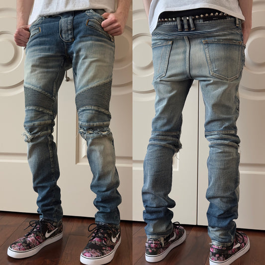Balmain Distressed Mud Wash Biker Jeans