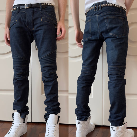 Balmain Raw Indigo Biker Jeans
