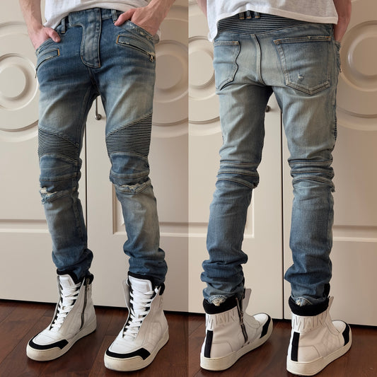 Balmain Distressed Mud Wash Biker Jeans