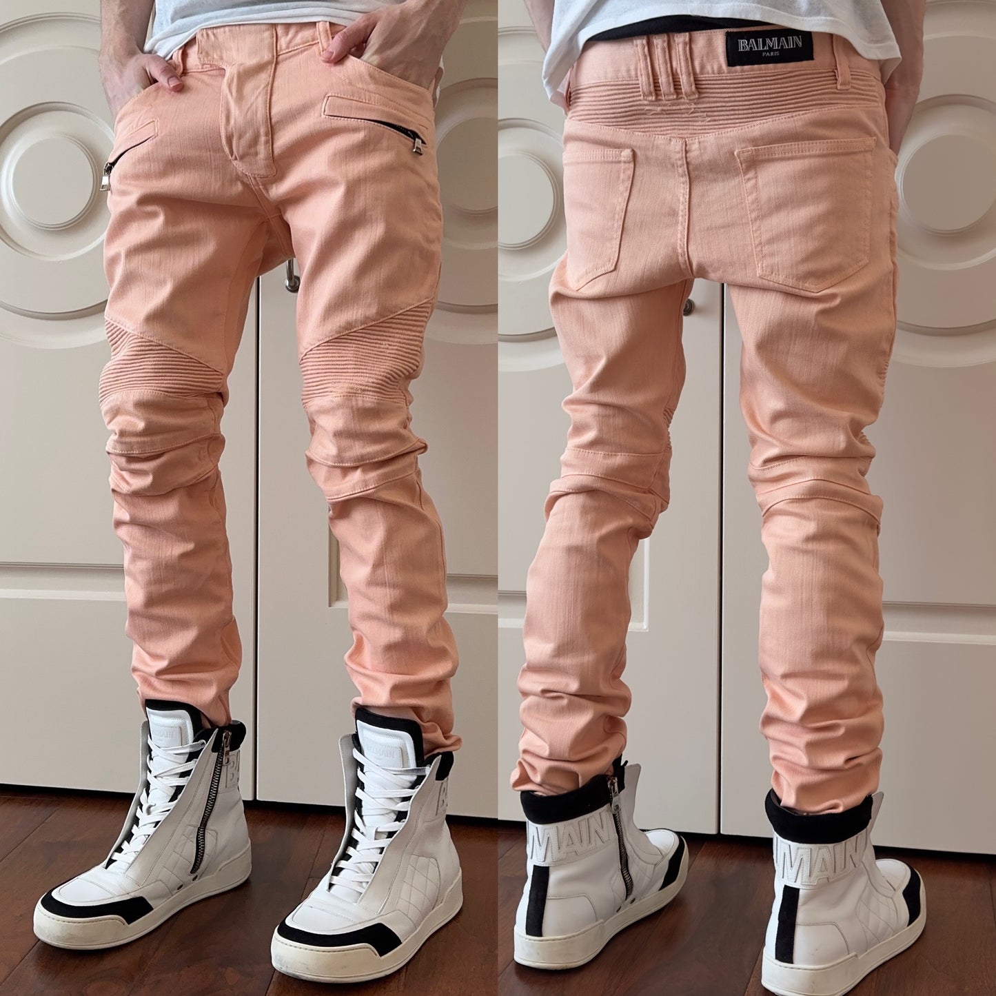 Balmain S/S 2012 Salmon Pink Biker Jeans
