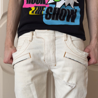 Balmain White Distressed Denim Biker Jeans