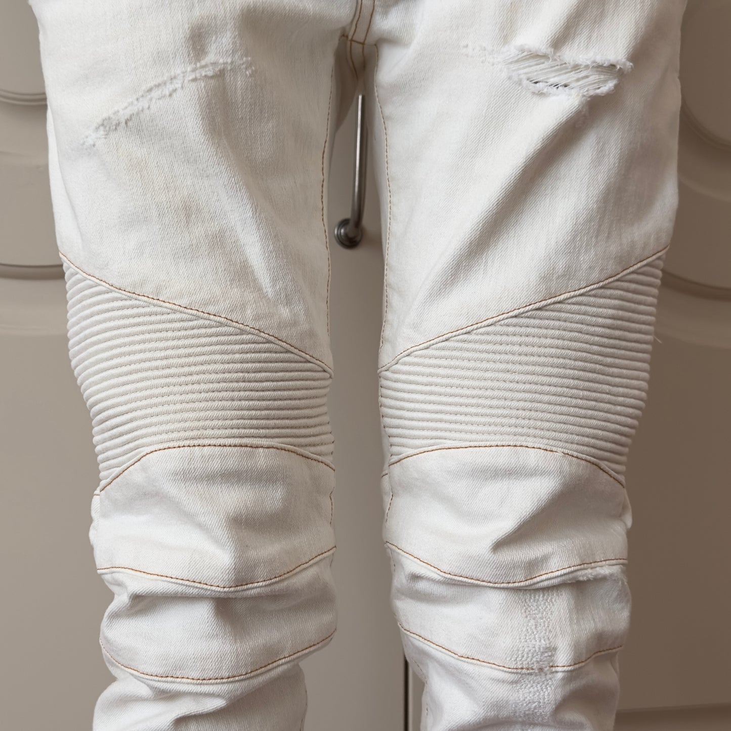 Balmain White Distressed Denim Biker Jeans