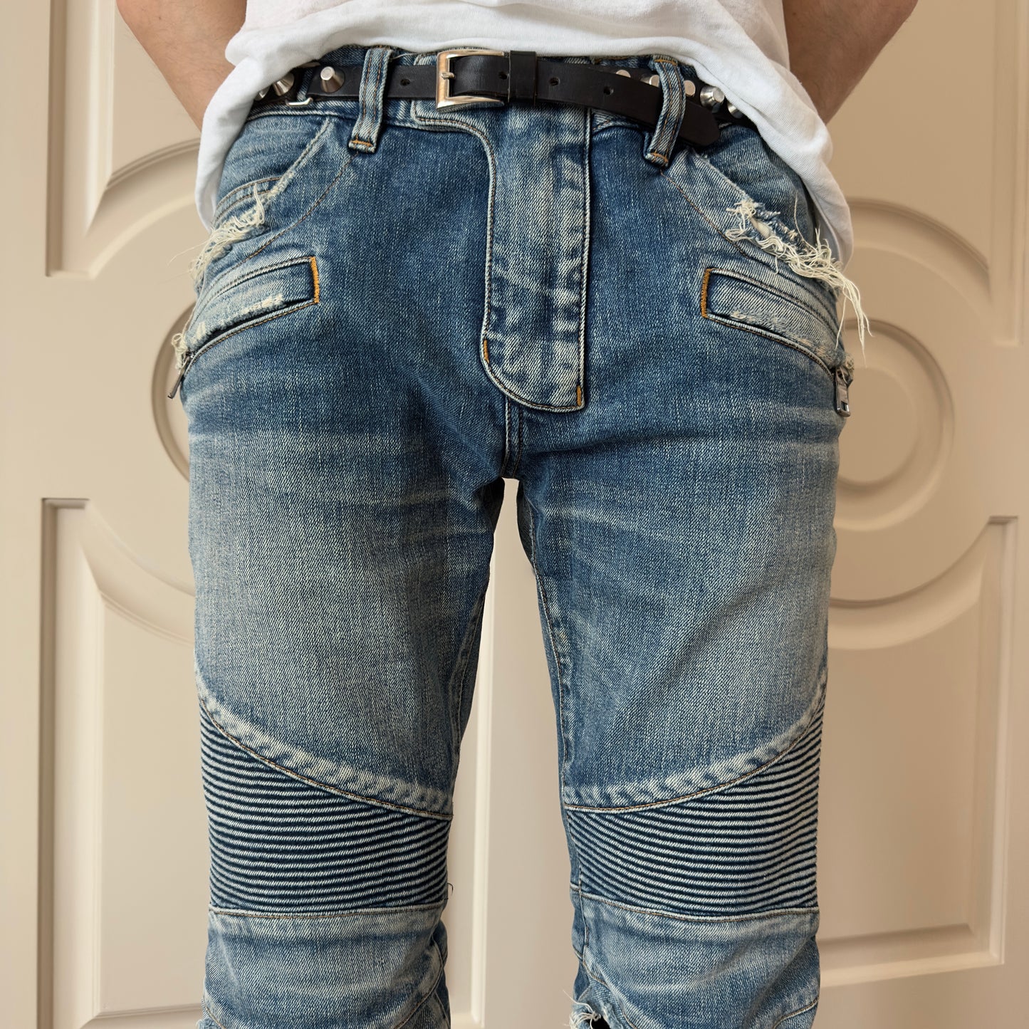 Balmain Distressed Mud Wash Biker Jeans