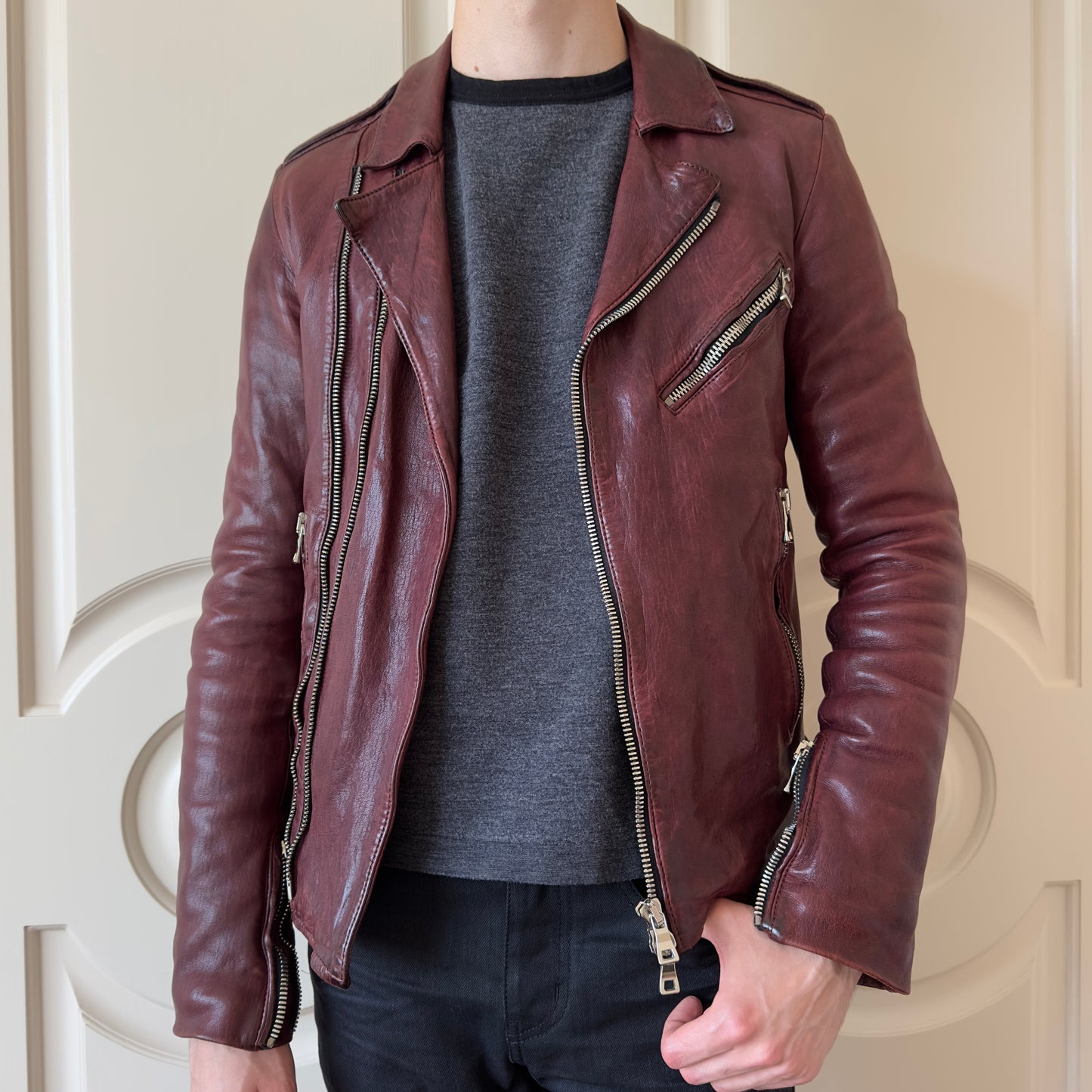 Balmain F/W 2013 Oxblood Lambskin Leather Biker Jacket