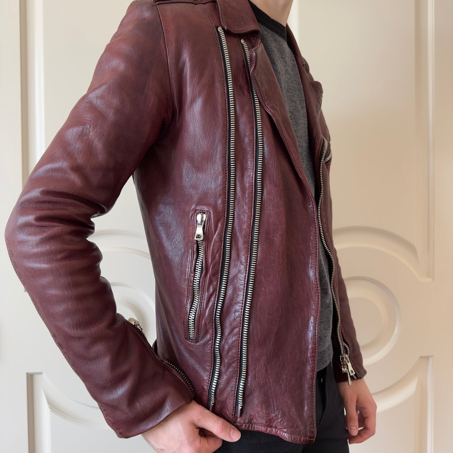 Balmain F/W 2013 Oxblood Lambskin Leather Biker Jacket