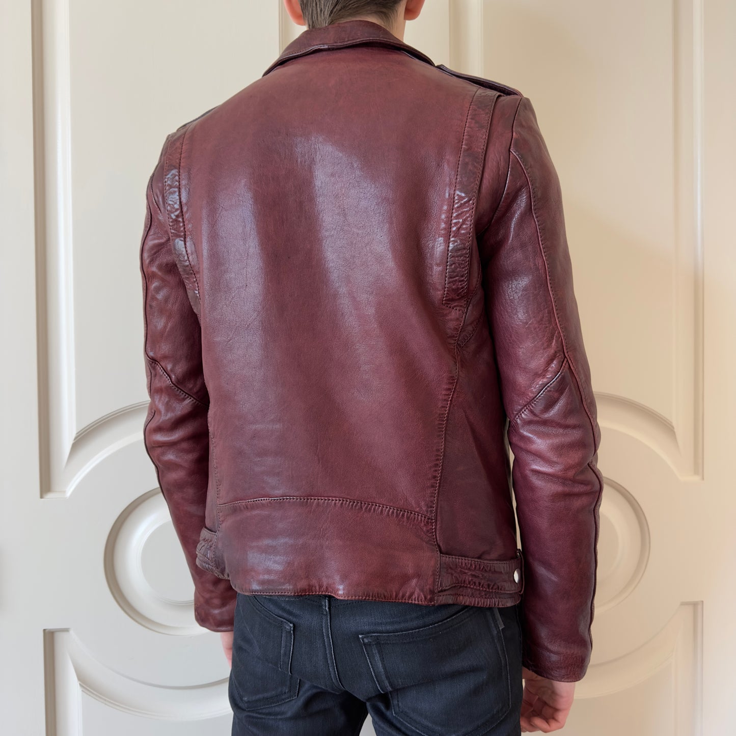 Balmain F/W 2013 Oxblood Lambskin Leather Biker Jacket