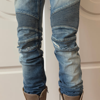 Balmain Mud Wash Distressed Biker Jeans