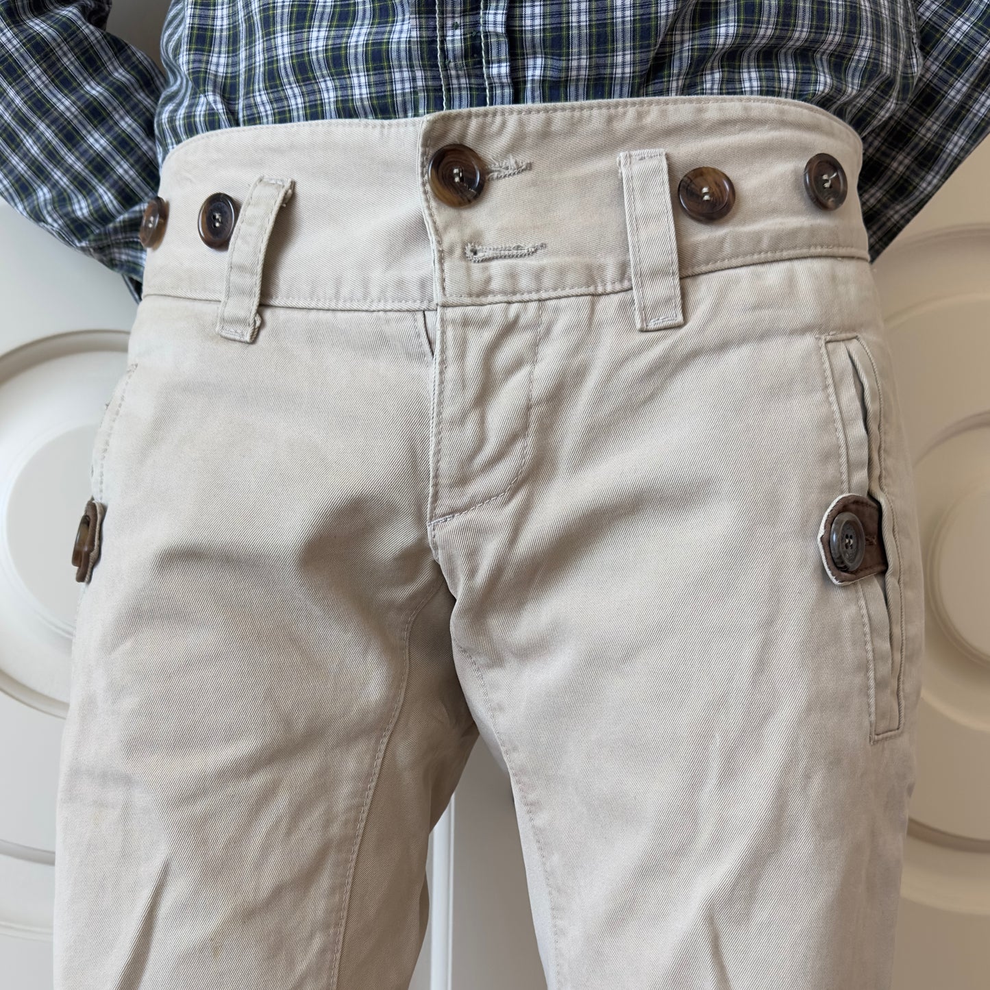 Dsquared2 F/W 2004 Leather Patch Buckle Back Khaki Pants