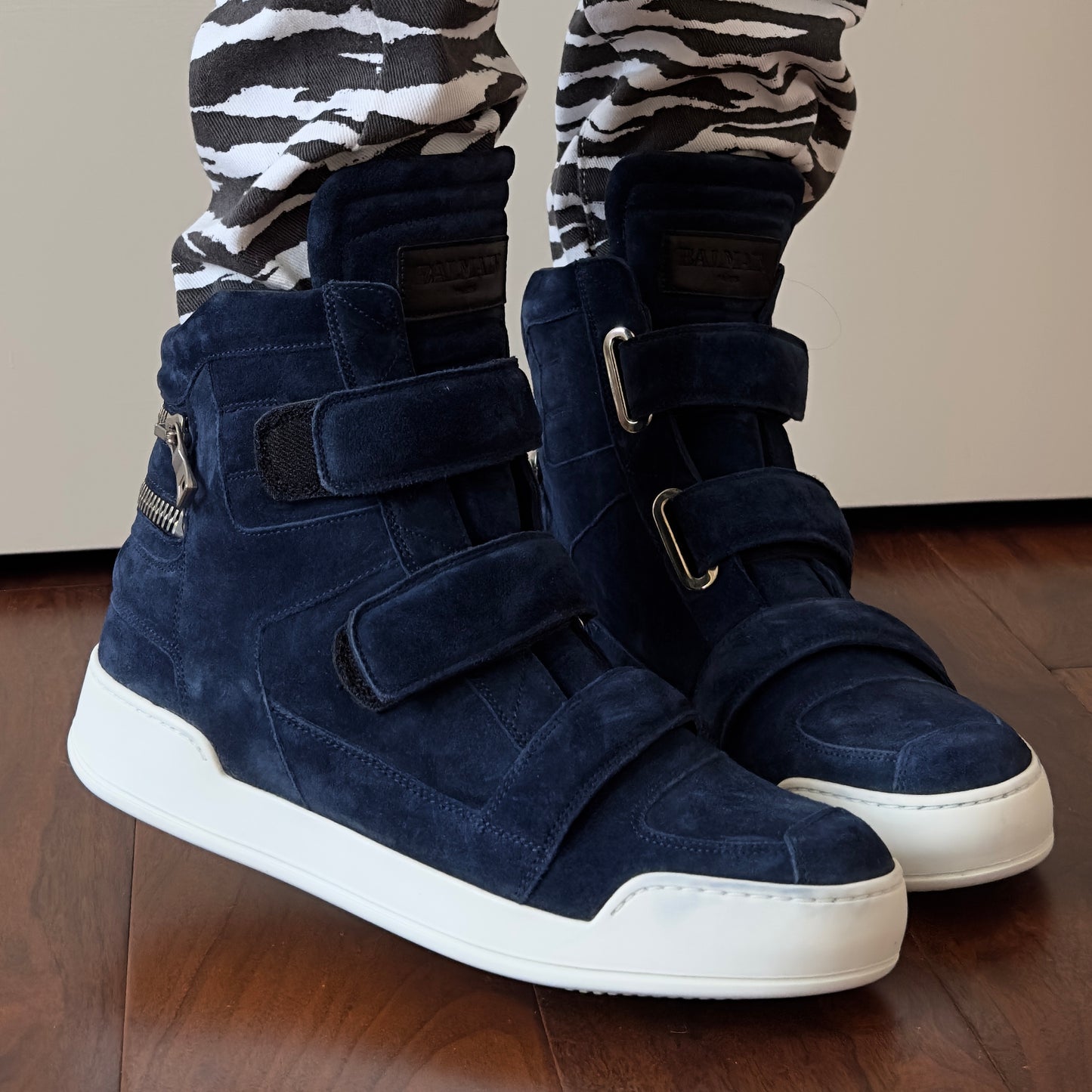 Balmain Blue Suede Velcro Strap High-Top Sneakers