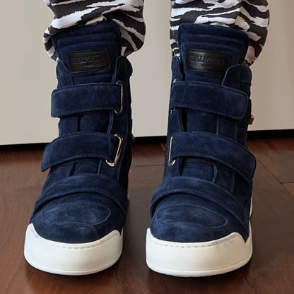 Balmain Blue Suede Velcro Strap High-Top Sneakers