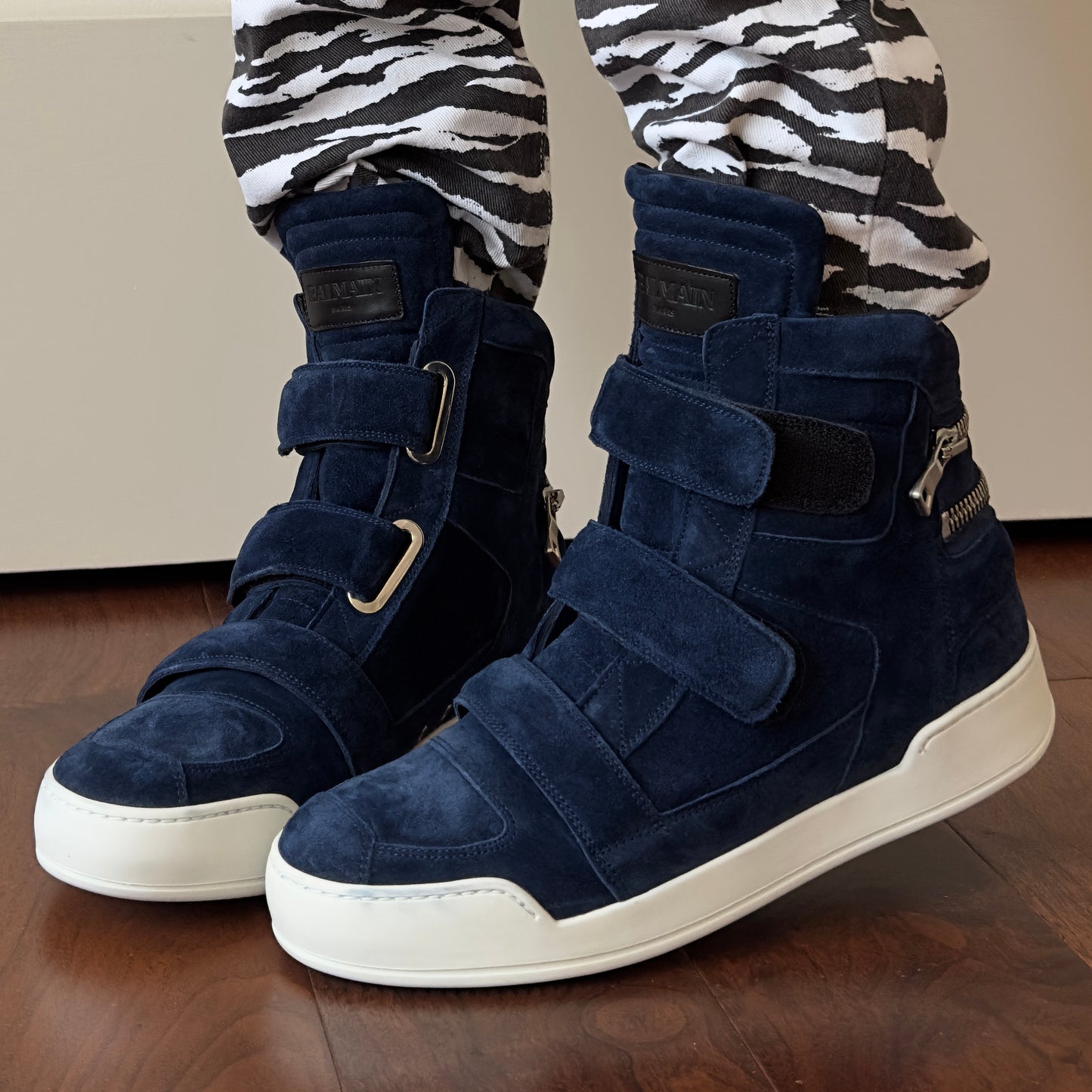 Balmain Blue Suede Velcro Strap High-Top Sneakers
