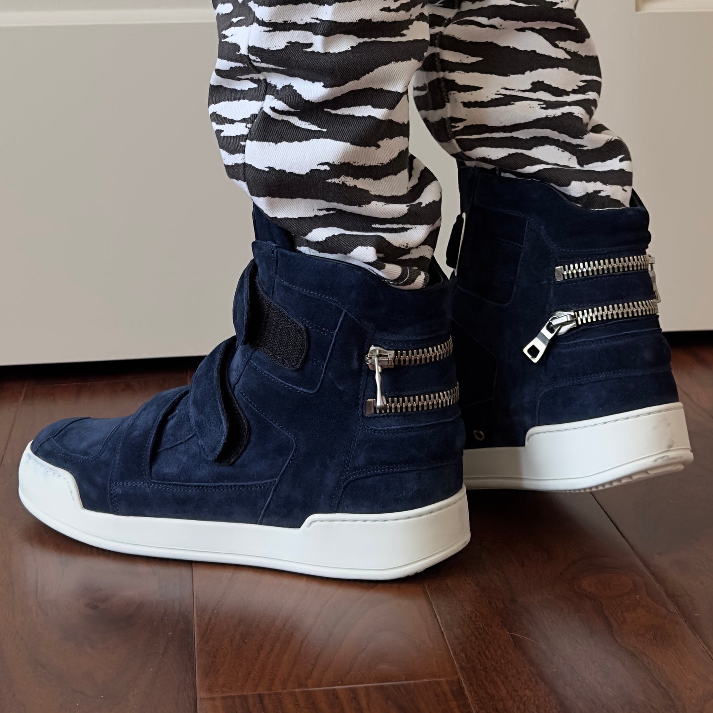 Balmain Blue Suede Velcro Strap High-Top Sneakers