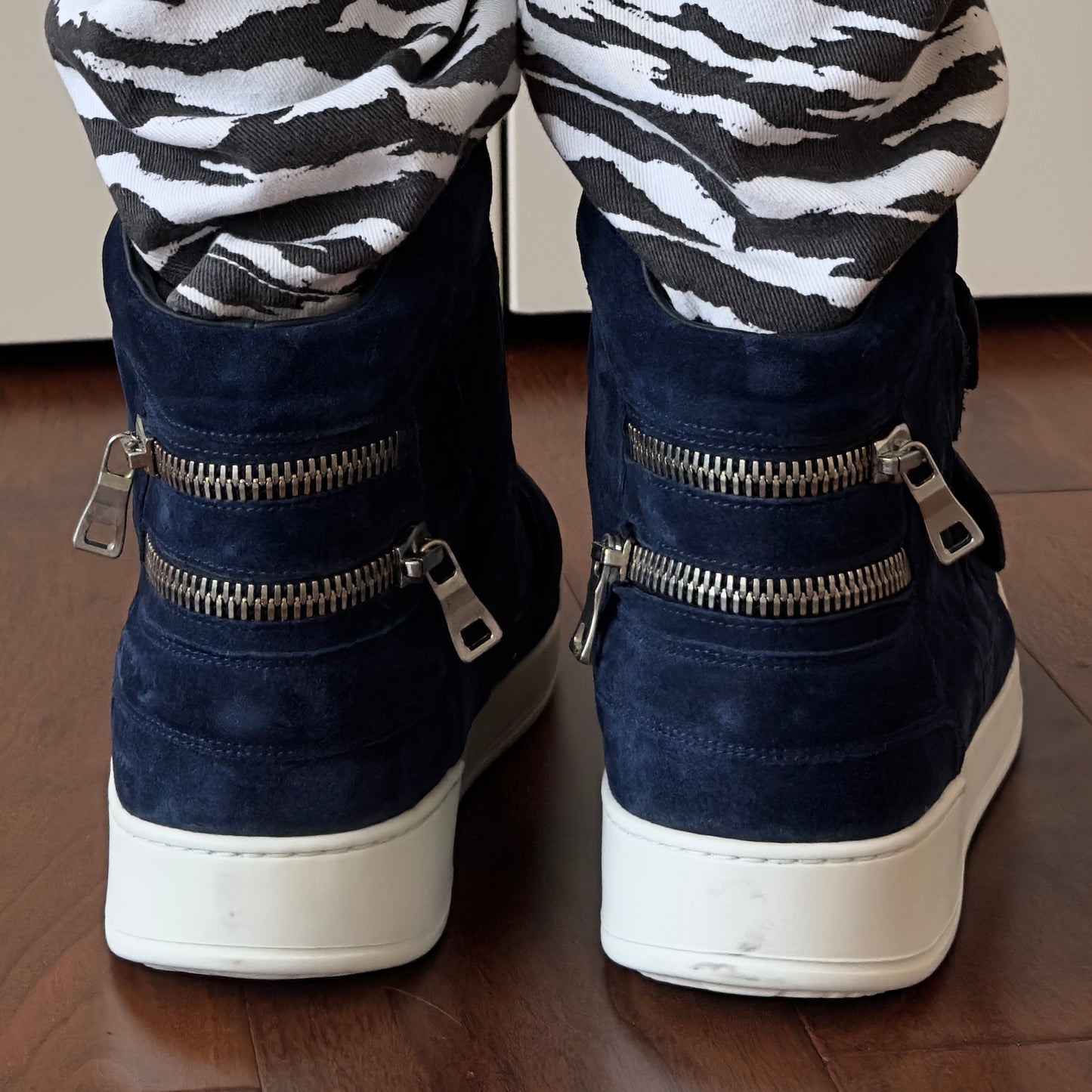 Balmain Blue Suede Velcro Strap High-Top Sneakers