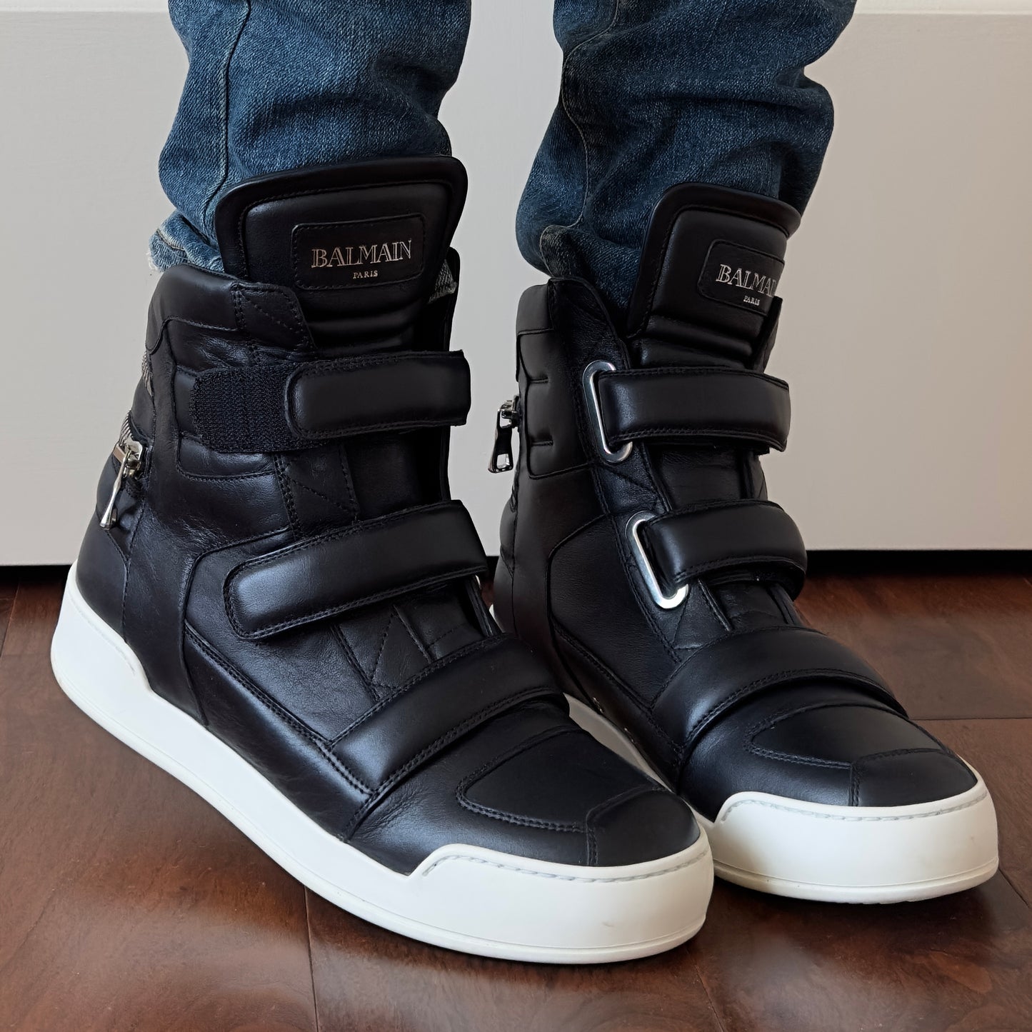 Balmain Black Leather Velcro Strap High-Top Sneakers
