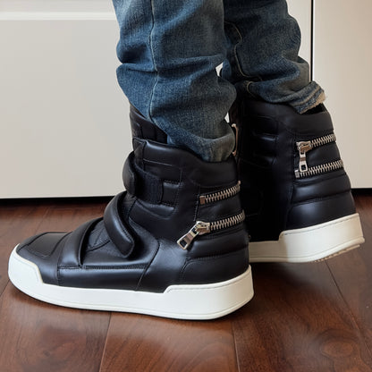 Balmain Black Leather Velcro Strap High-Top Sneakers