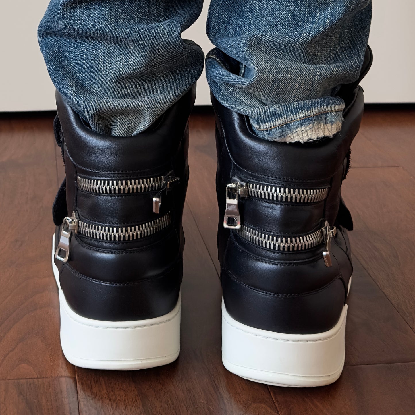 Balmain Black Leather Velcro Strap High-Top Sneakers