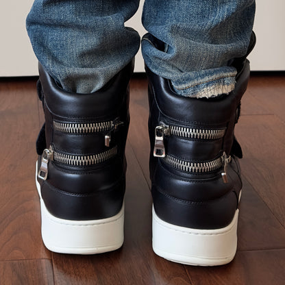 Balmain Black Leather Velcro Strap High-Top Sneakers