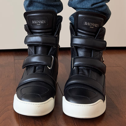 Balmain Black Leather Velcro Strap High-Top Sneakers