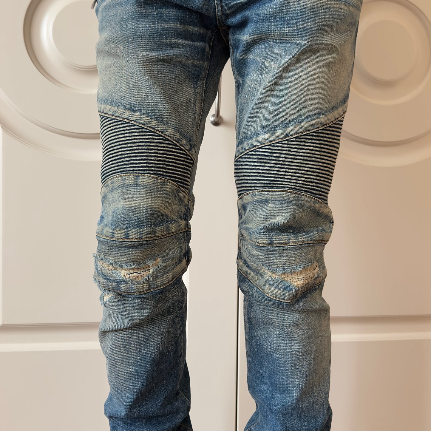 Balmain Mud Wash Distressed Biker Jeans