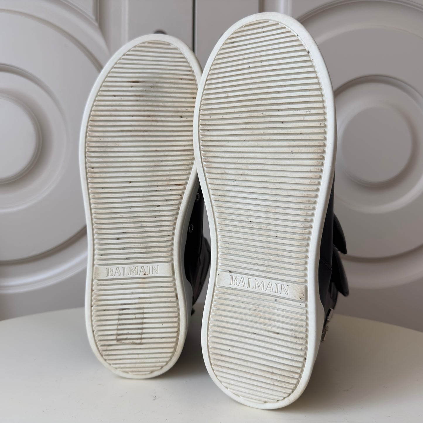 Balmain Black Leather Velcro Strap High-Top Sneakers