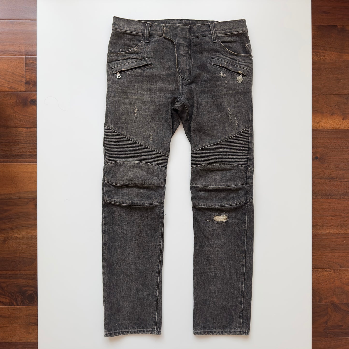 Balmain S/S 2011 Decarnin Waxed Distressed Selvedge Biker Jeans