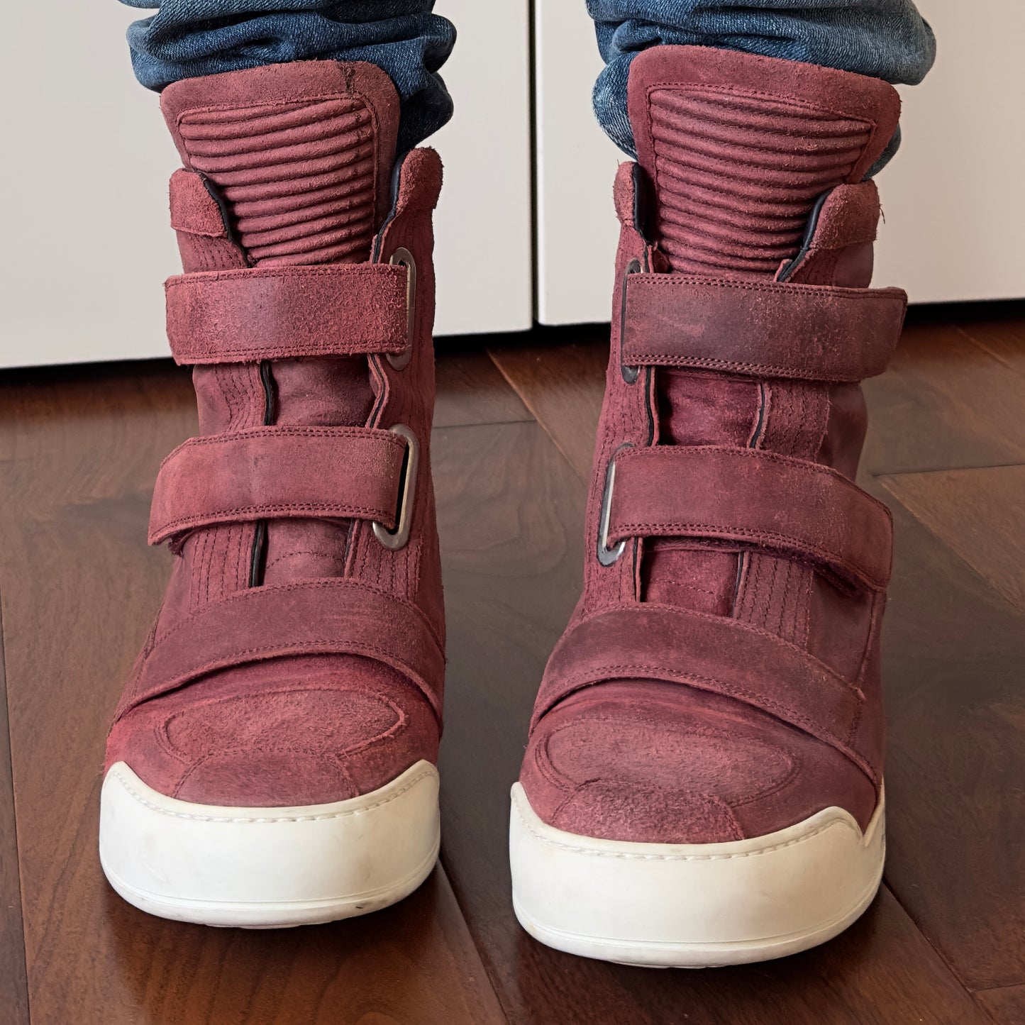 Balmain 2013 Red Waxed Suede High-Top Sneakers