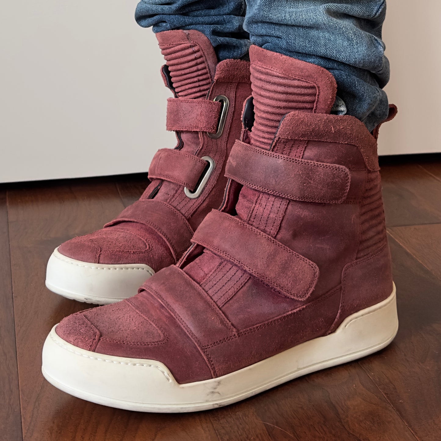 Balmain 2013 Red Waxed Suede High-Top Sneakers
