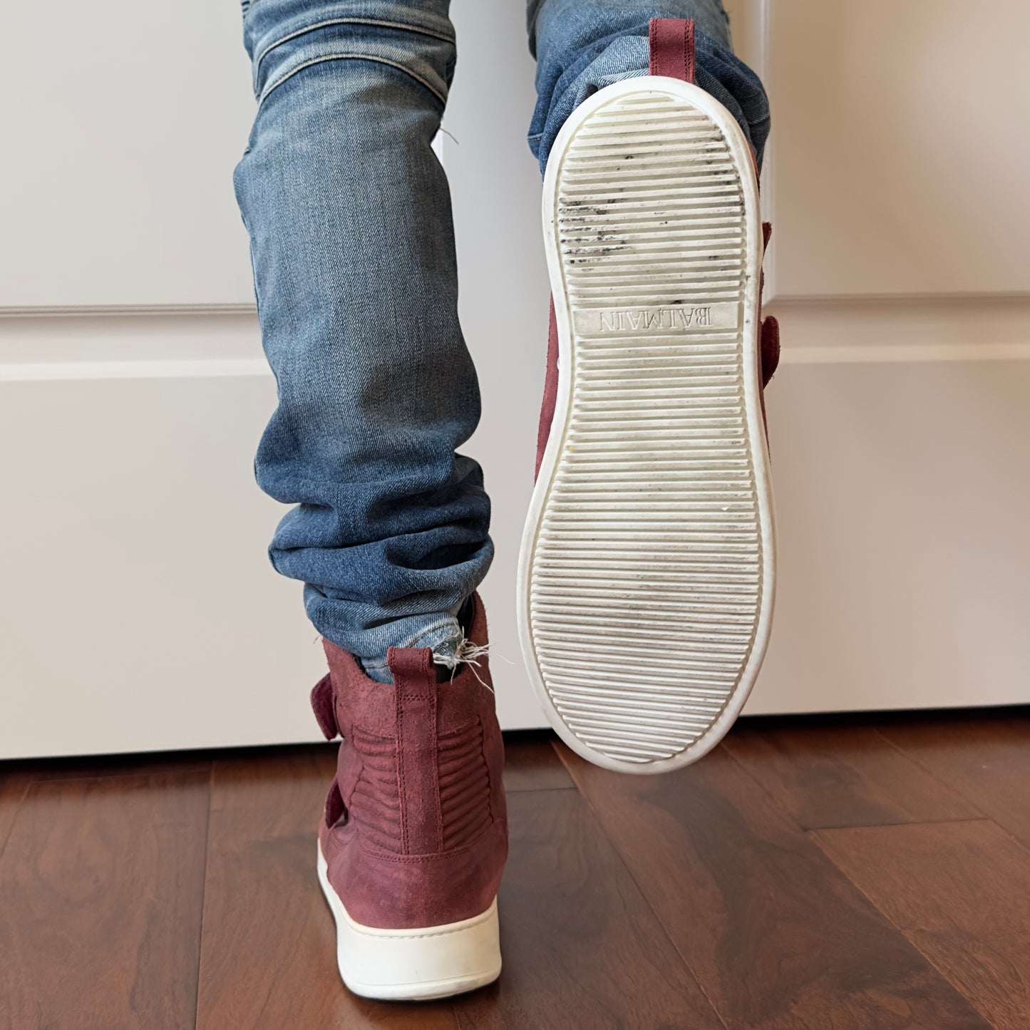 Balmain 2013 Red Waxed Suede High-Top Sneakers