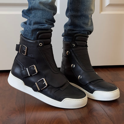 Balmain 2013 Black Leather Buckle High-Top Sneakers