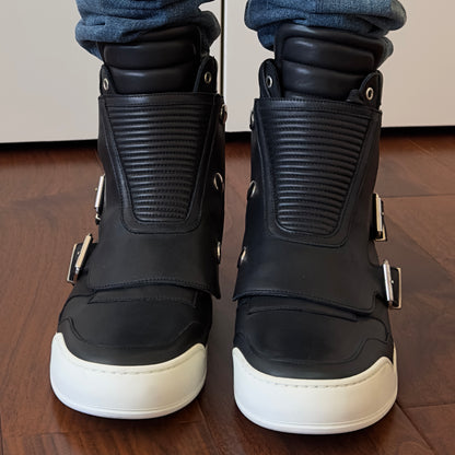 Balmain 2013 Black Leather Buckle High-Top Sneakers