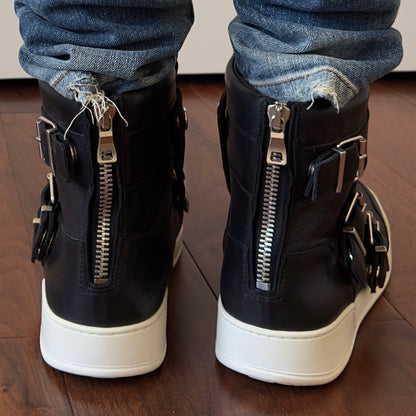 Balmain 2013 Black Leather Buckle High-Top Sneakers