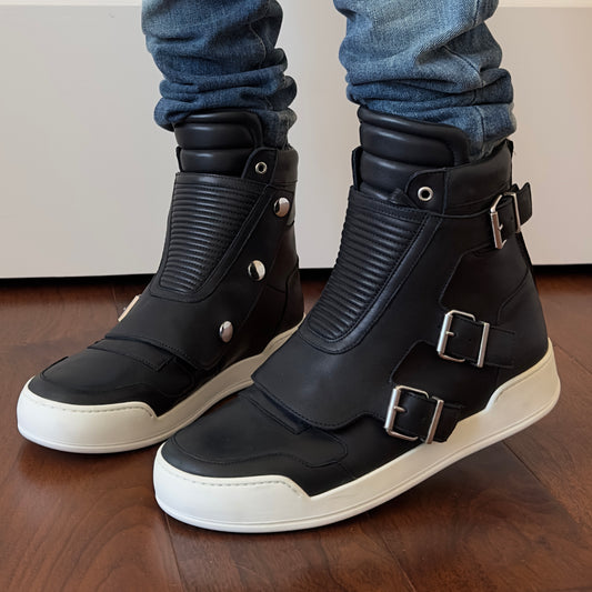 Balmain 2013 Black Leather Buckle High-Top Sneakers