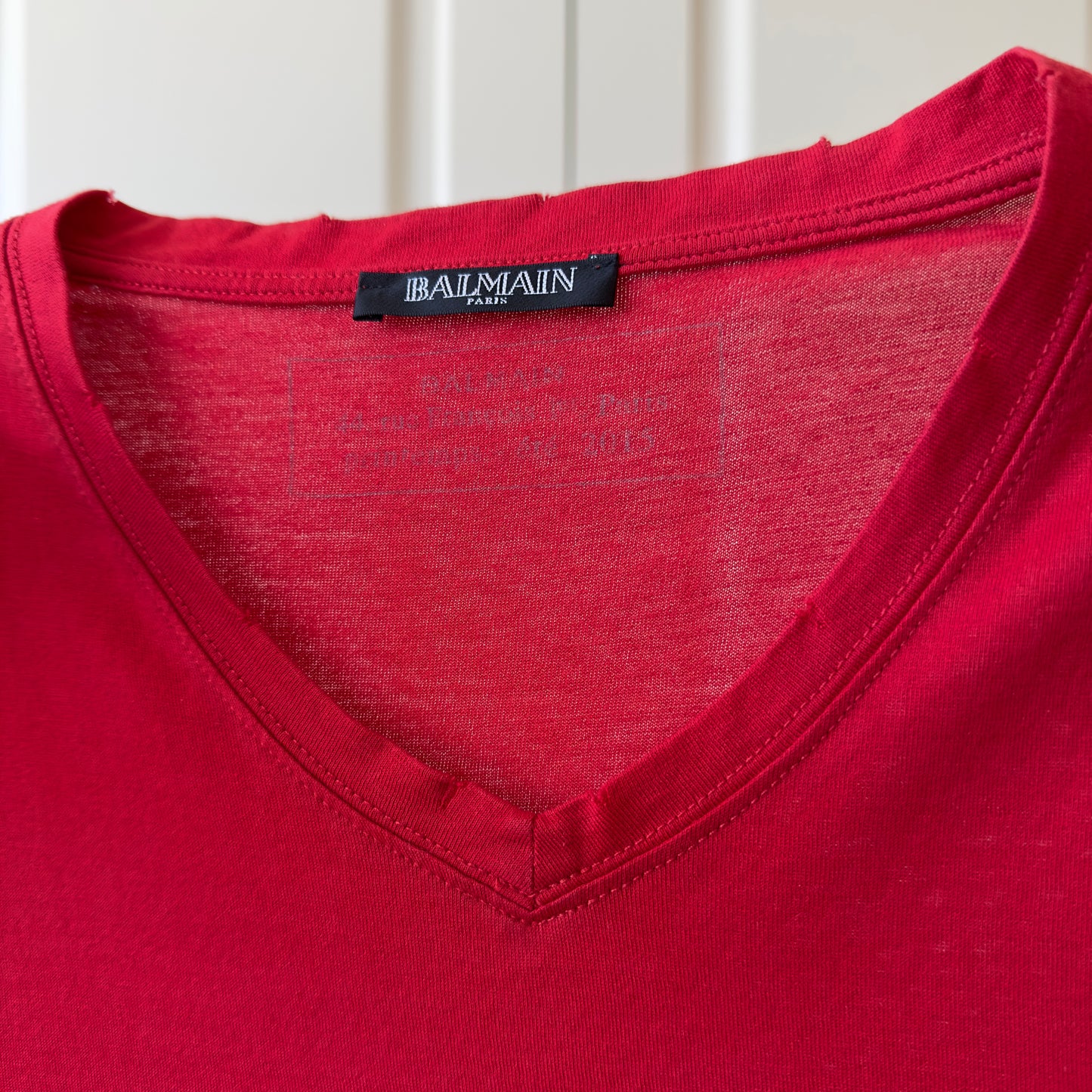 Balmain S/S 2015 Distressed Red V-Neck T-Shirt