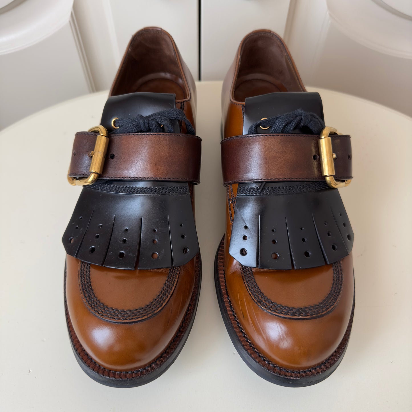 Prada F/W 2016 Kiltie Leather Derby Shoes