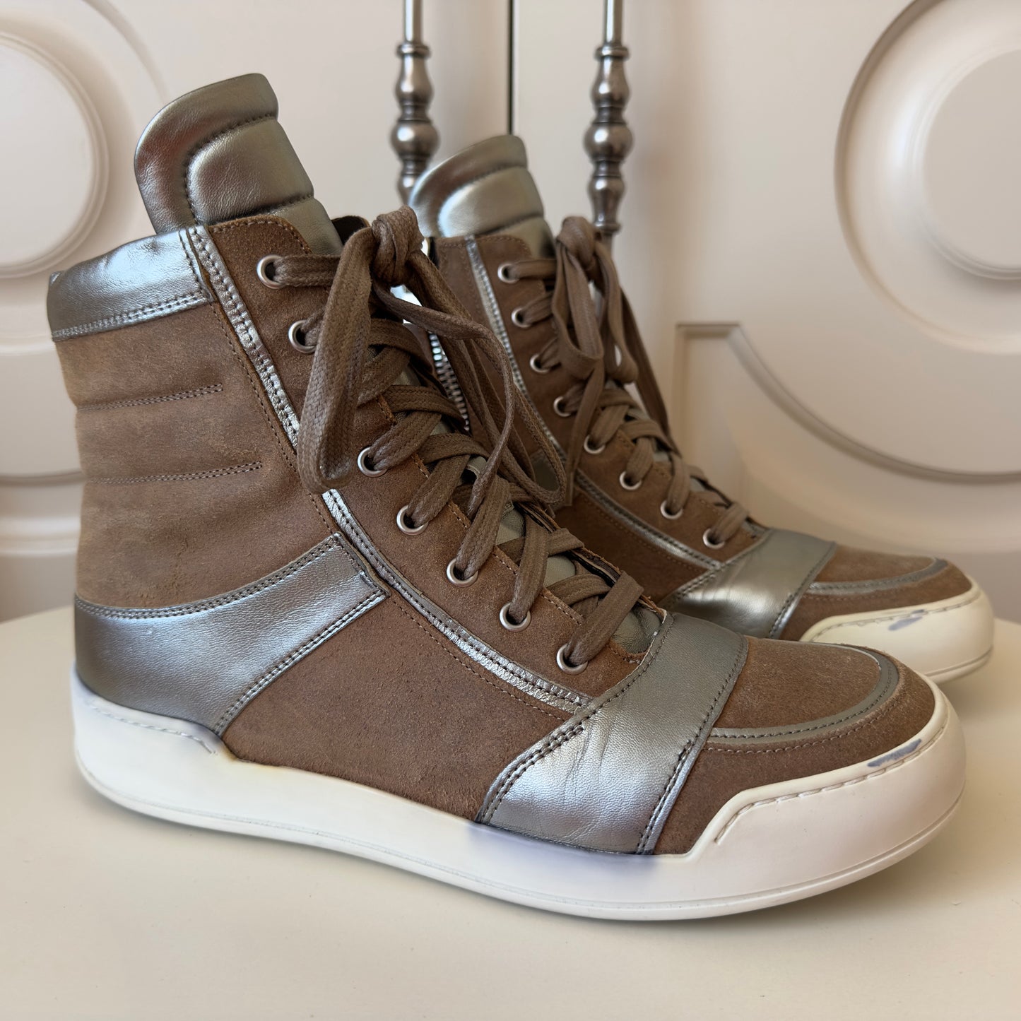 Balmain F/W 2013 High Top Brown & Silver Leather Sneakers