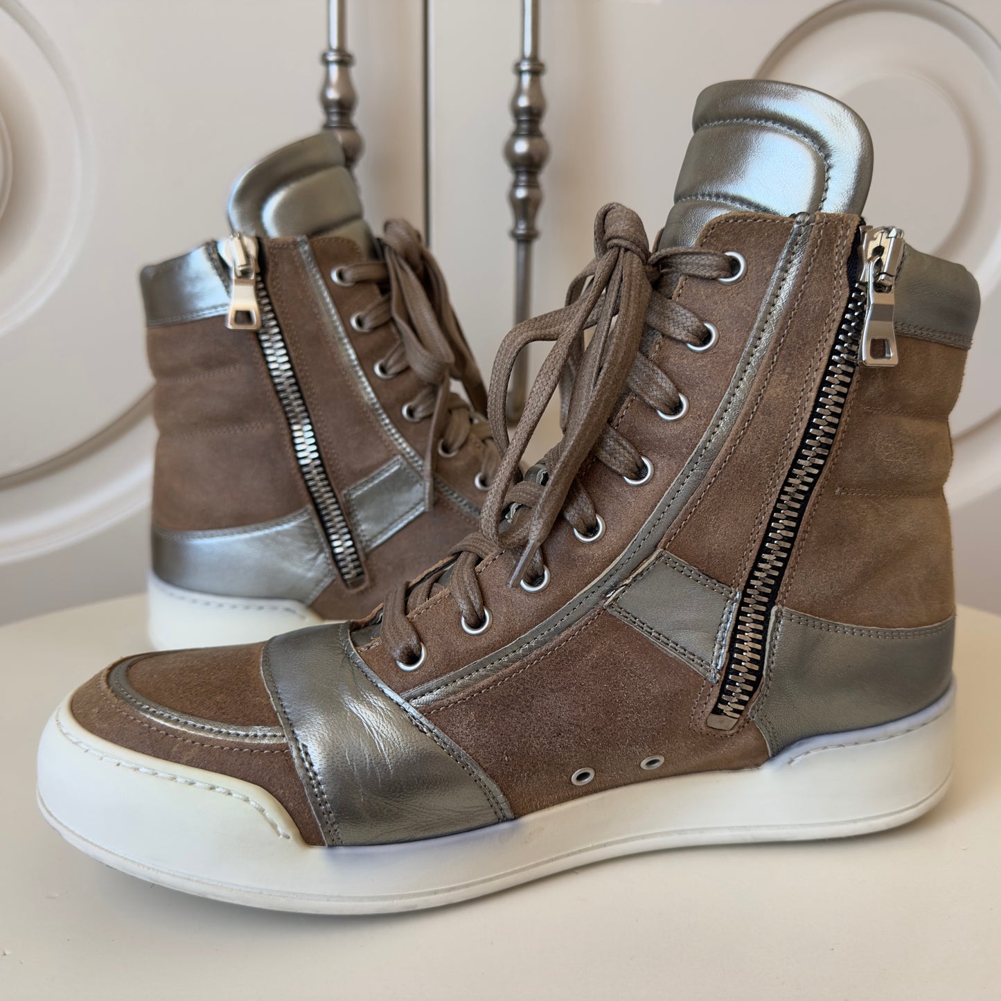 Balmain F/W 2013 High Top Brown & Silver Leather Sneakers