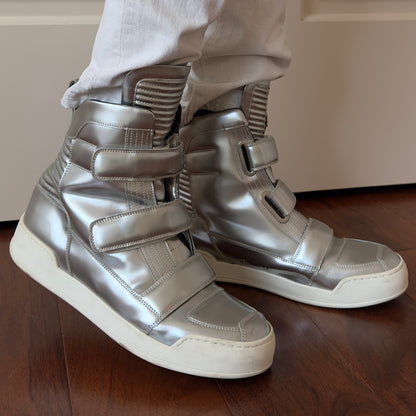 Balmain High-Top Metallic Silver Leather Strap Sneakers