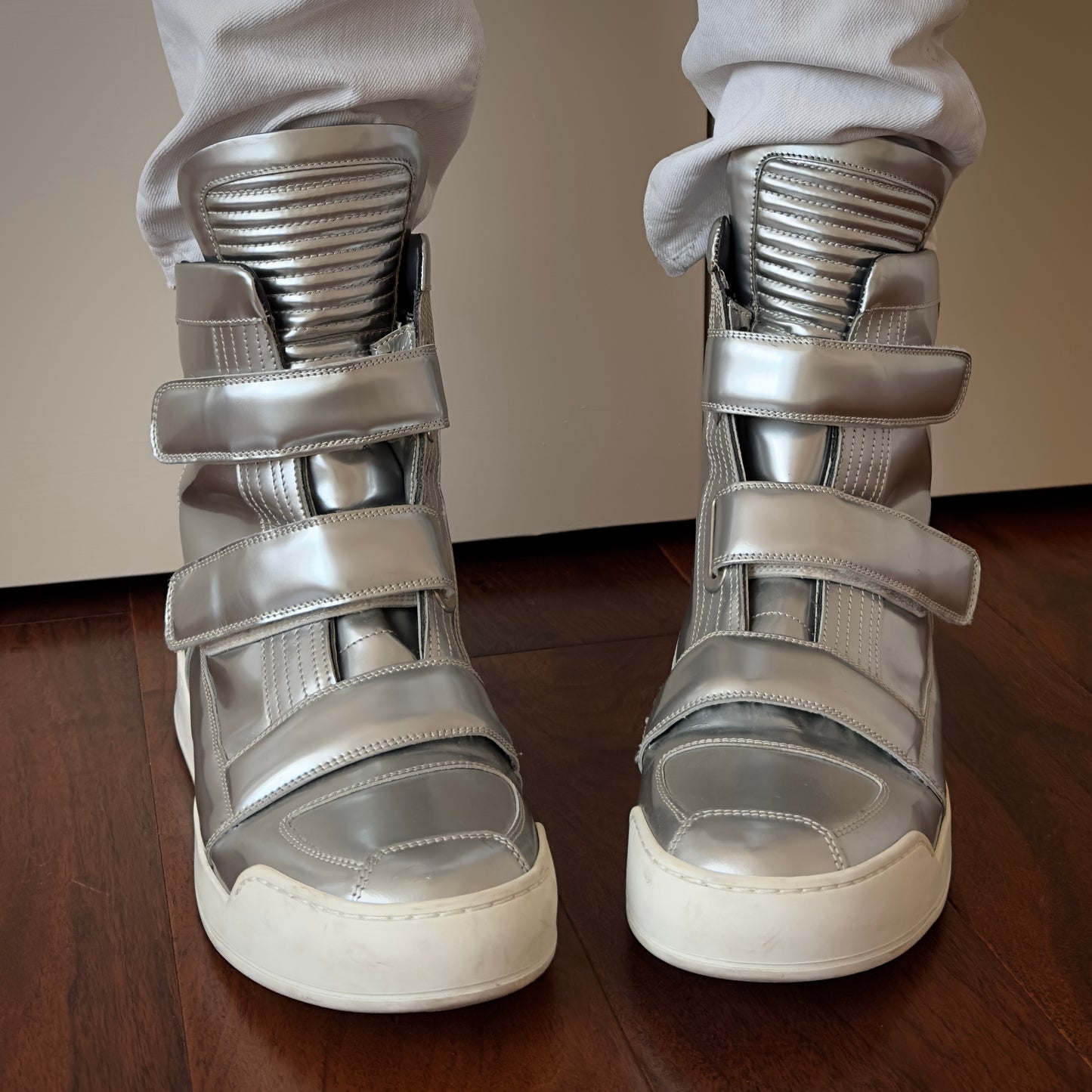 Balmain High-Top Metallic Silver Leather Strap Sneakers